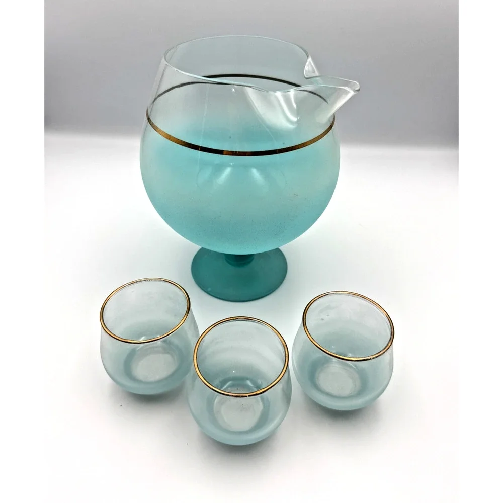 Vintage WV Blendo Cocktail Set Pitcher Snifter Roly Poly Glasses Aqua Gold Trim